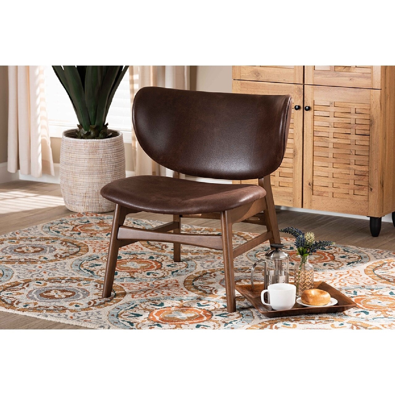 Wholesale Interiors Baxton Studio Marcos Mid-Century Modern Dark Brown Faux Leather Effect and Walnut Brown Finished Wood Living Room Accent Chair